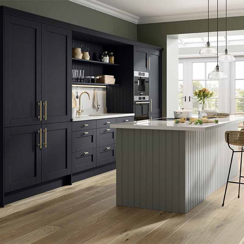 Wilton Kitchen Doors Finished Oak Grain Navy and Dust Grey